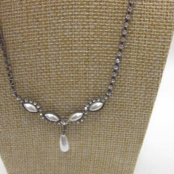 Vintage Rhinestone and Faux Pearl Drop Necklace - Picture 2 of 3